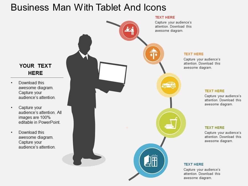 Apt business man with tablet and icons flat powerpoint design Slide01