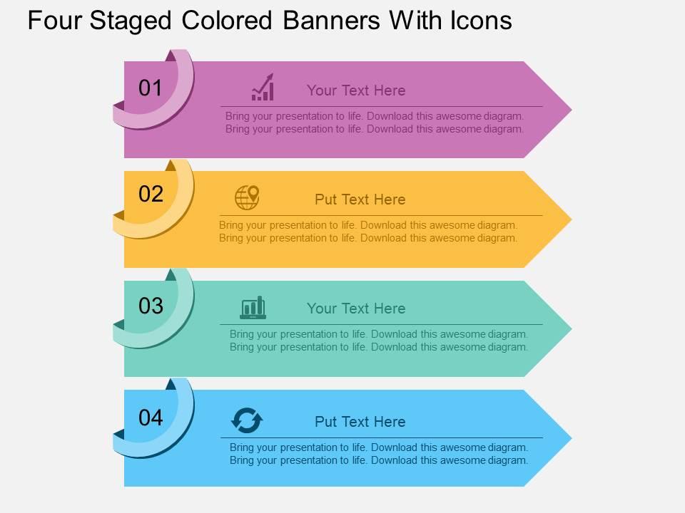 Aq four staged colored banners with icons flat powerpoint design Slide01