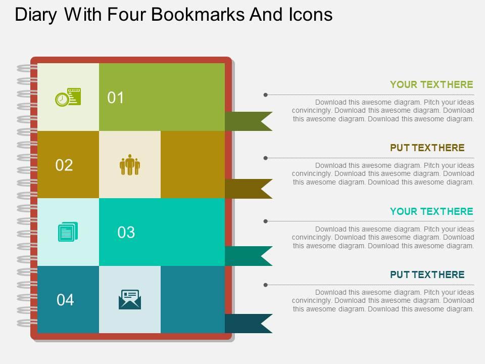 At diary with four bookmarks and icons flat powerpoint design Slide01