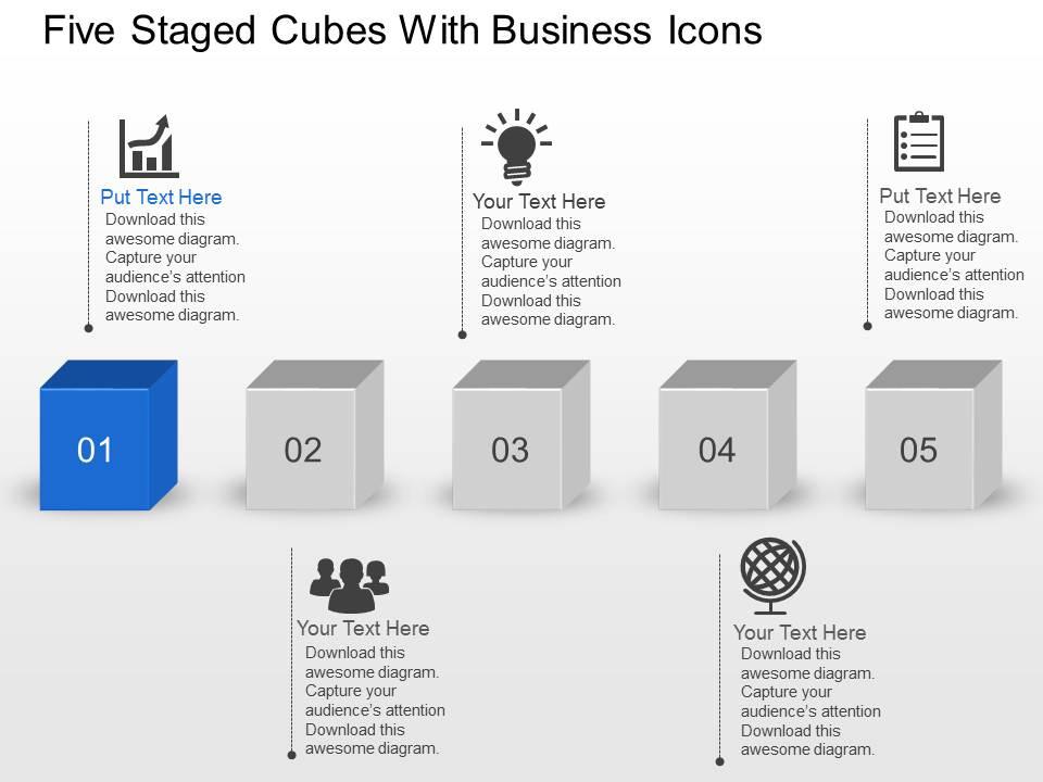 Aw five staged cubes with business icons powerpoint template slide Slide01