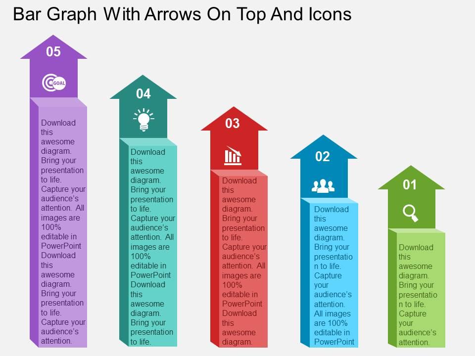 Bar graph with arrows on top and icons flat powerpoint design Slide01