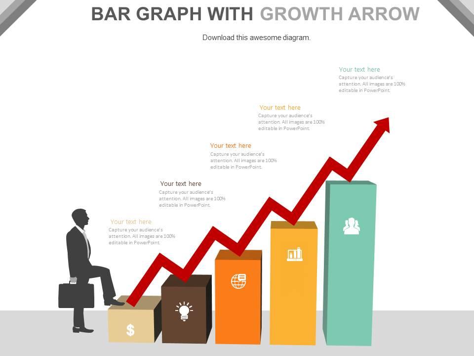 Bar graph with red growth arrow and icons for success powerpoint slides Slide01