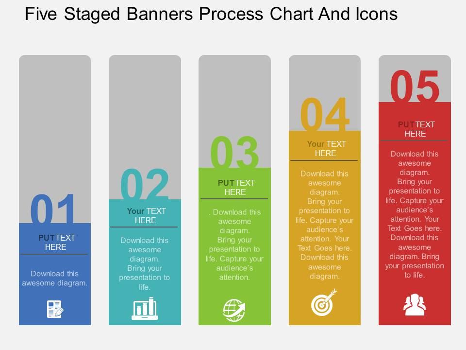Be five staged banners process chart and icons flat powerpoint design Slide01