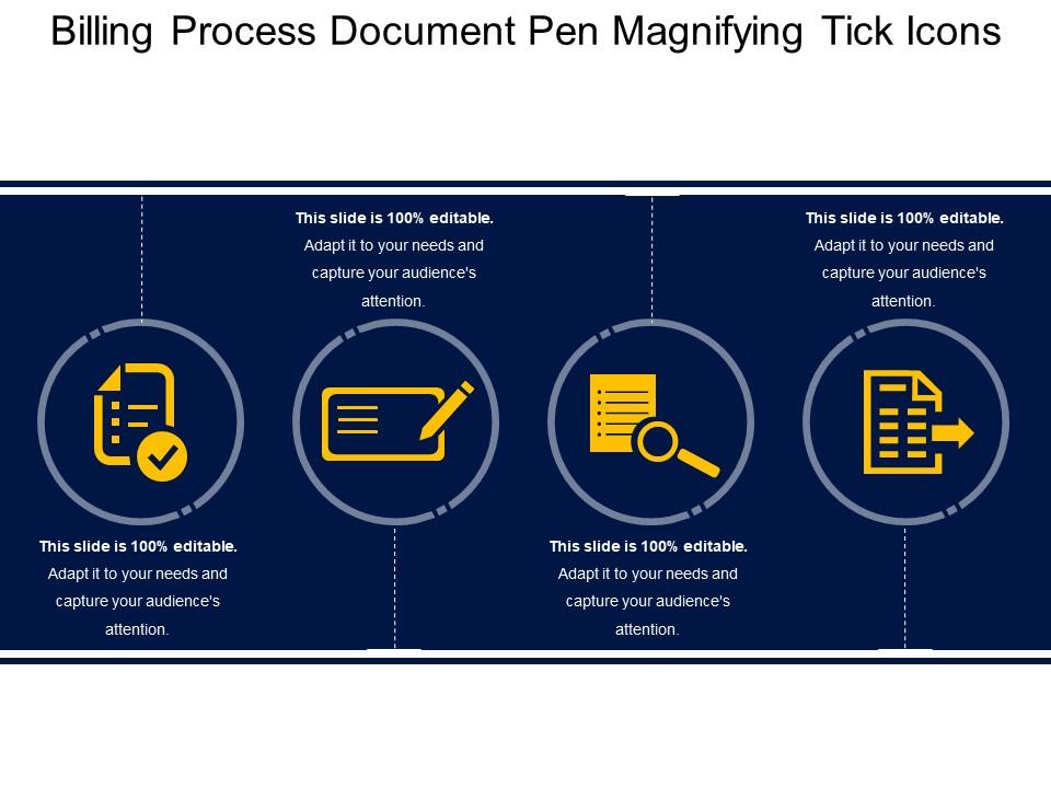 Billing process document pen magnifying tick icons Slide01