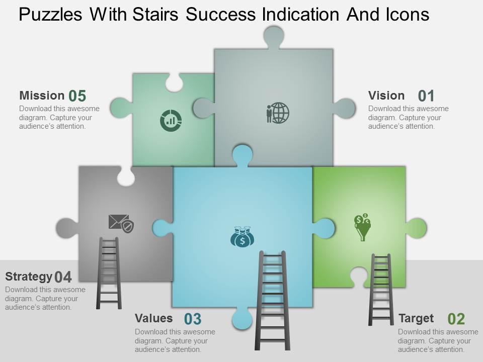 Bo puzzles with stairs success indication and icons powerpoint template Slide01