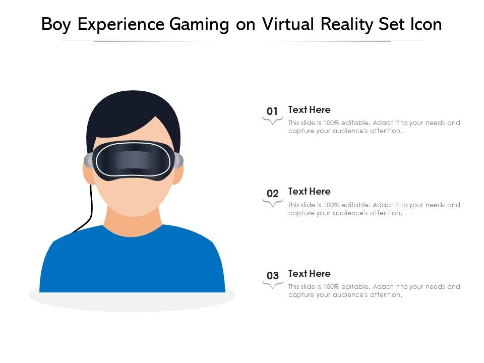 Boy experience gaming on virtual reality set icon Slide01