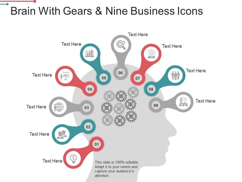Brain with gears and nine business icons powerpoint graphics Slide01