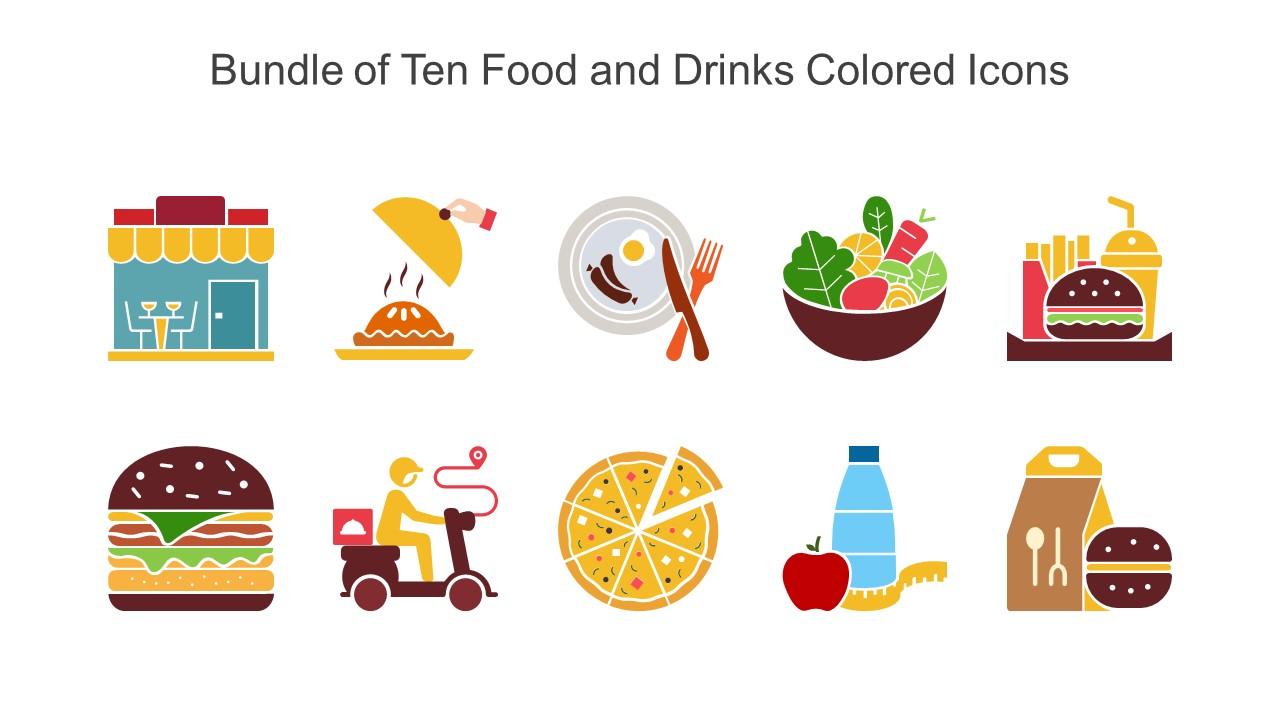 Bundle Of Ten Food And Drinks Colored Icons Slide01