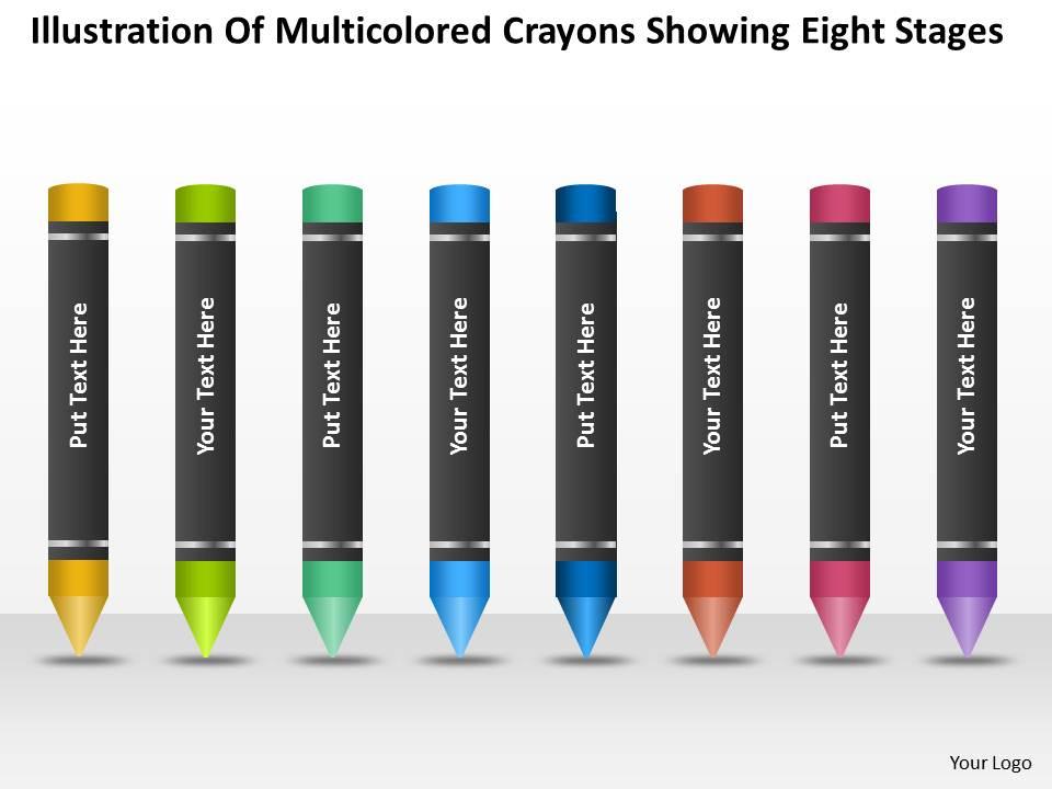 Business analysis diagrams of multicolored crayons showing eight stages powerpoint slides Slide01