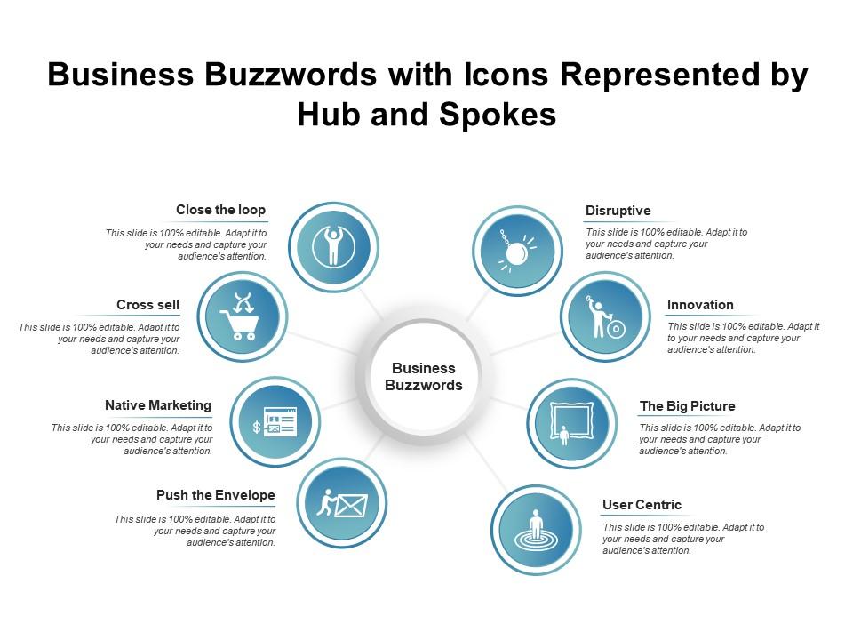 Business buzzwords with icons represented by hub and spokes Slide01