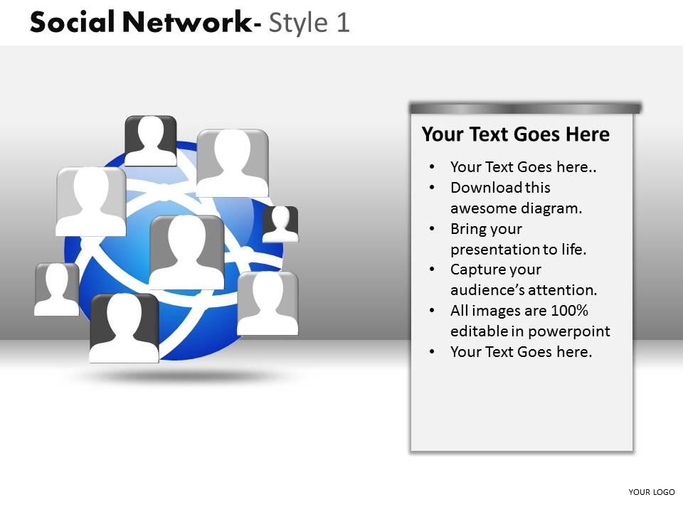Business consulting social network globe human icons display global network powerpoint slide template Slide01