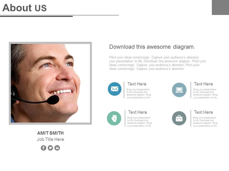 Business man with and icons for about us powerpoint slide Slide01