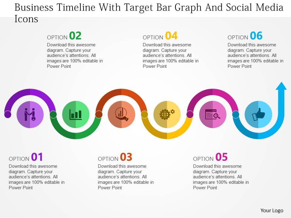 Business timeline with target bar graph and social media icons flat powerpoint design Slide01