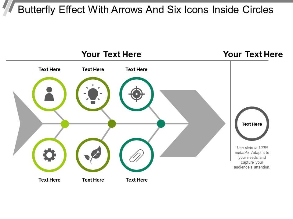 Butterfly effect with arrows and six icons inside circles Slide01