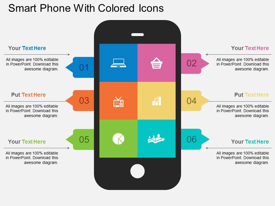 Bw smart phone with colored icons flat powerpoint design Slide01