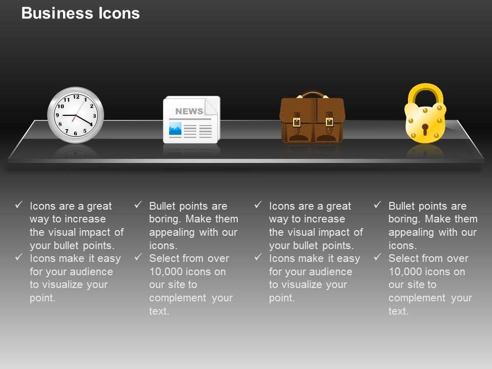 Clock suitcase lock news paper ppt icons graphics Slide01