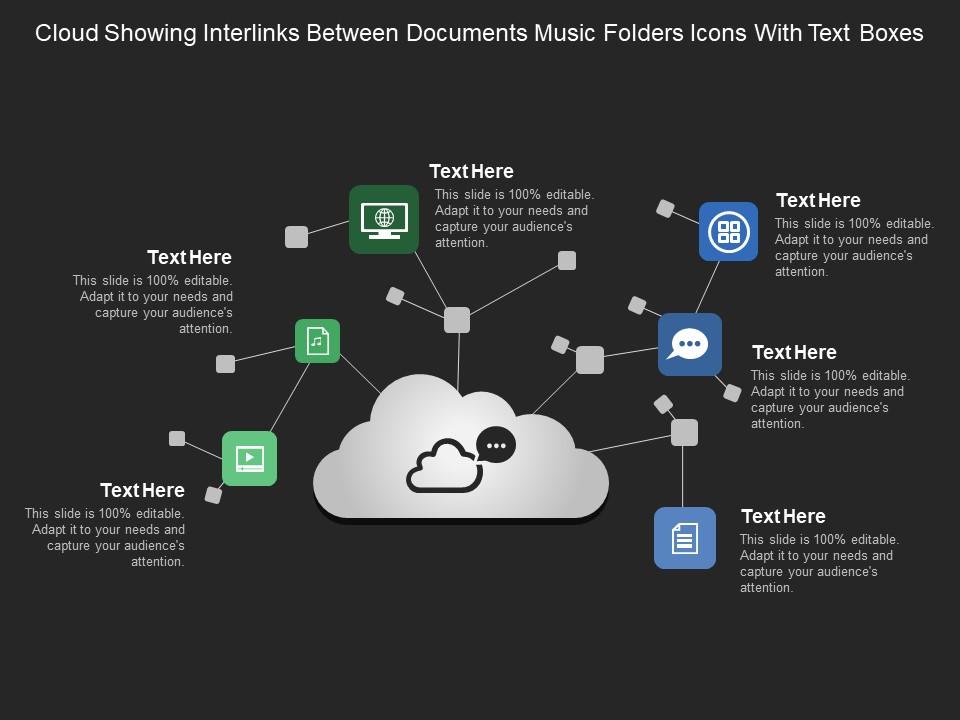 Cloud showing interlinks between documents music folders icons with text boxes Slide01