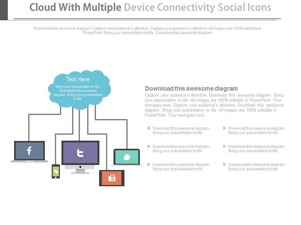 Cloud with multiple device connectivity social icons flat powerpoint design Slide01
