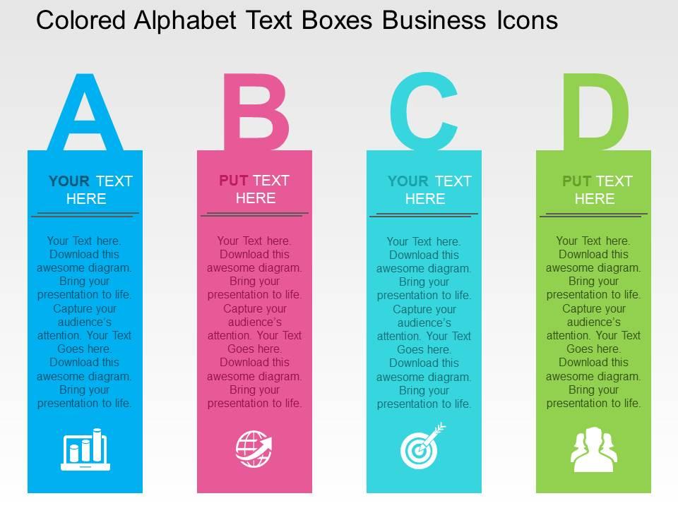 Colored alphabet text boxes business icons flat powerpoint design flat powerpoint design Slide01