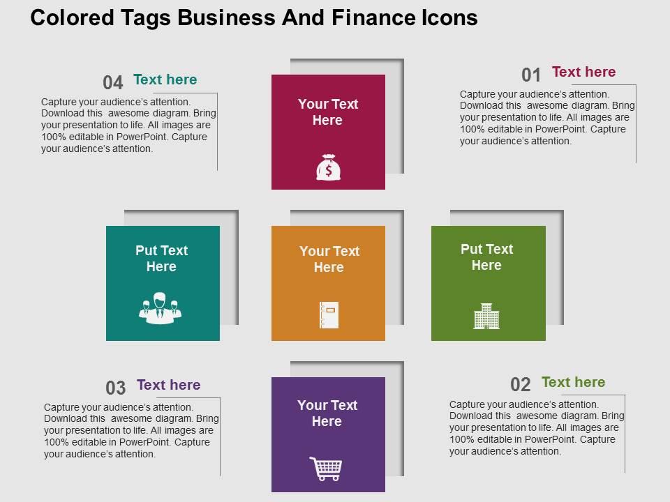 Colored tags business and finance icons flat powerpoint design Slide01