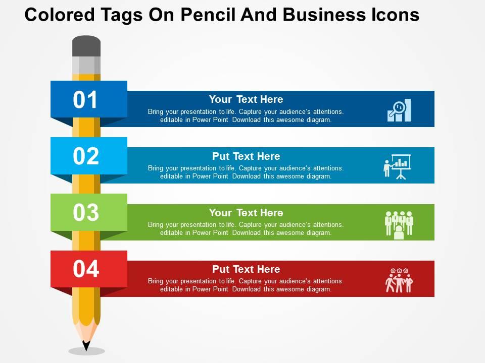 Colored tags on pencil and business icons flat powerpoint design Slide01