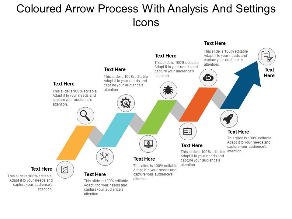 Coloured arrow process with analysis and settings icons Slide01