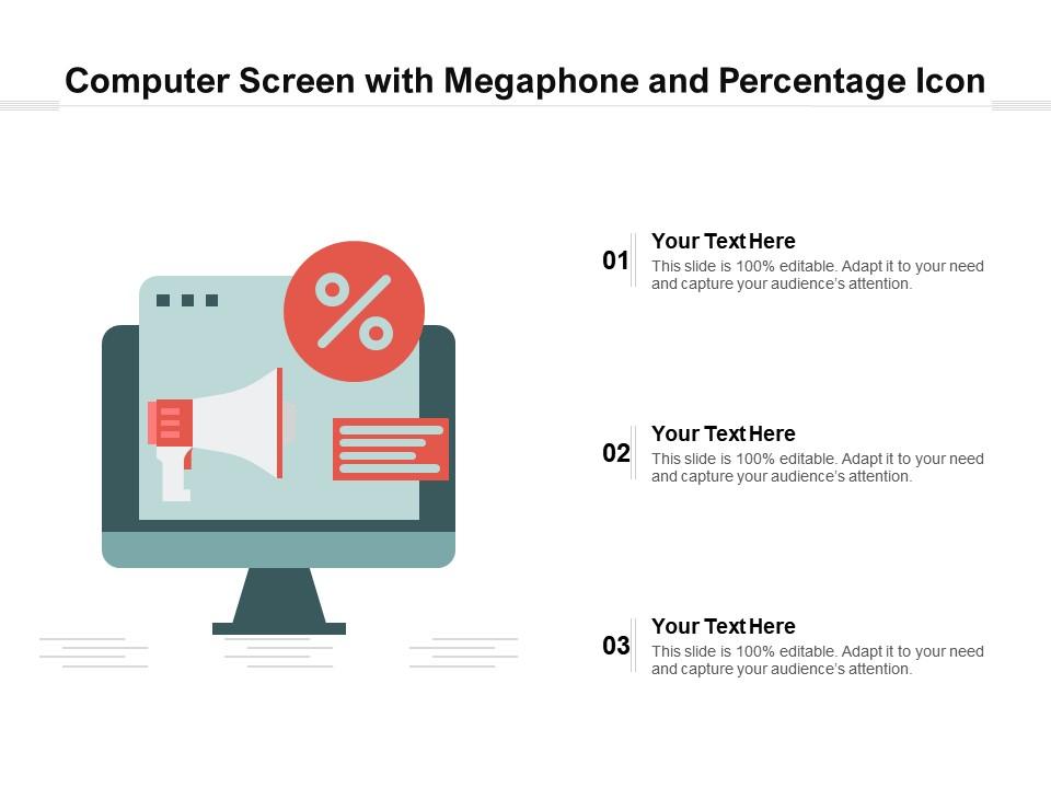 Computer screen with megaphone and percentage icon Slide01