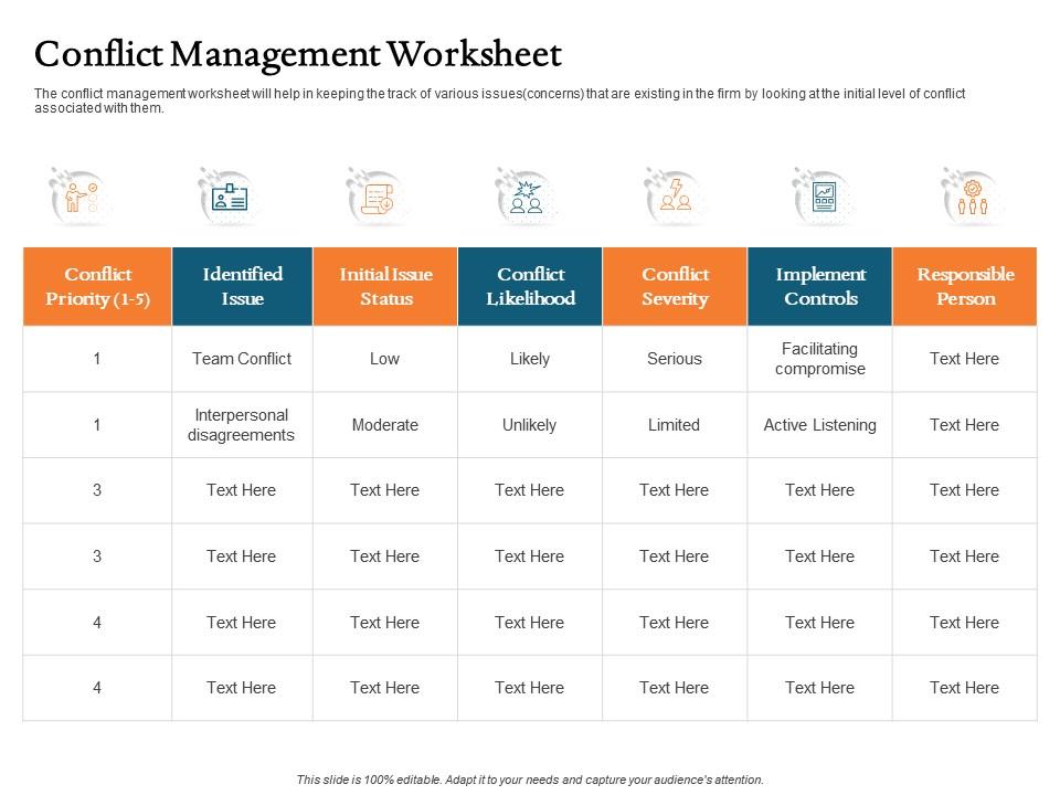 Conflict management worksheet severity ppt icon example Slide01