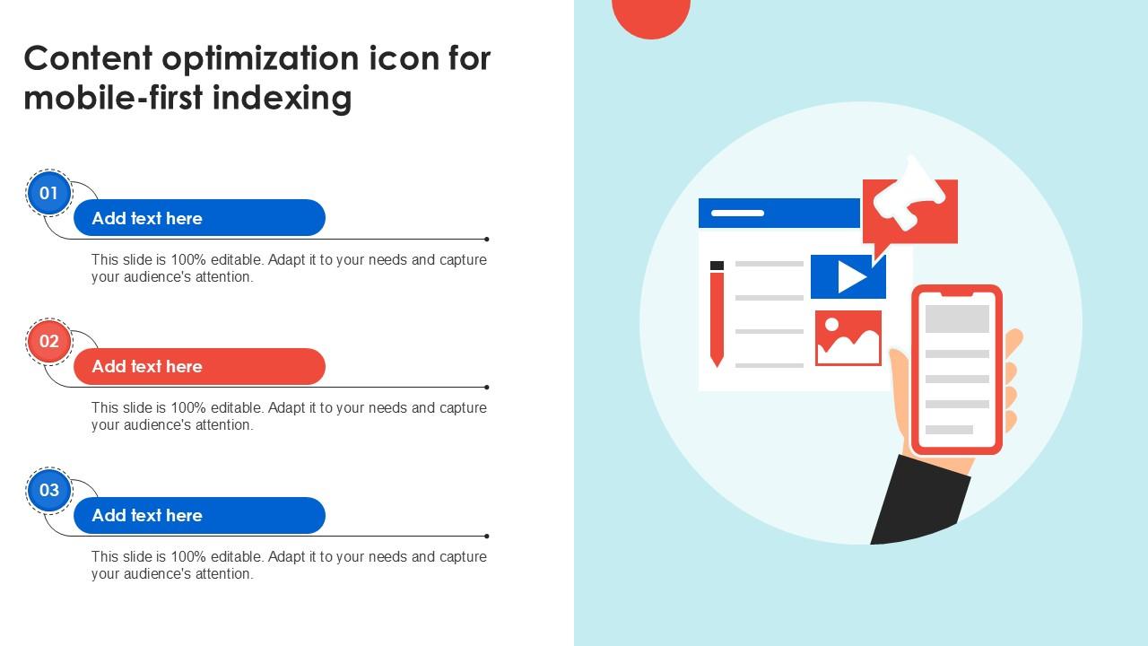 Content Optimization Icon For Mobile First Indexing Ppt Example