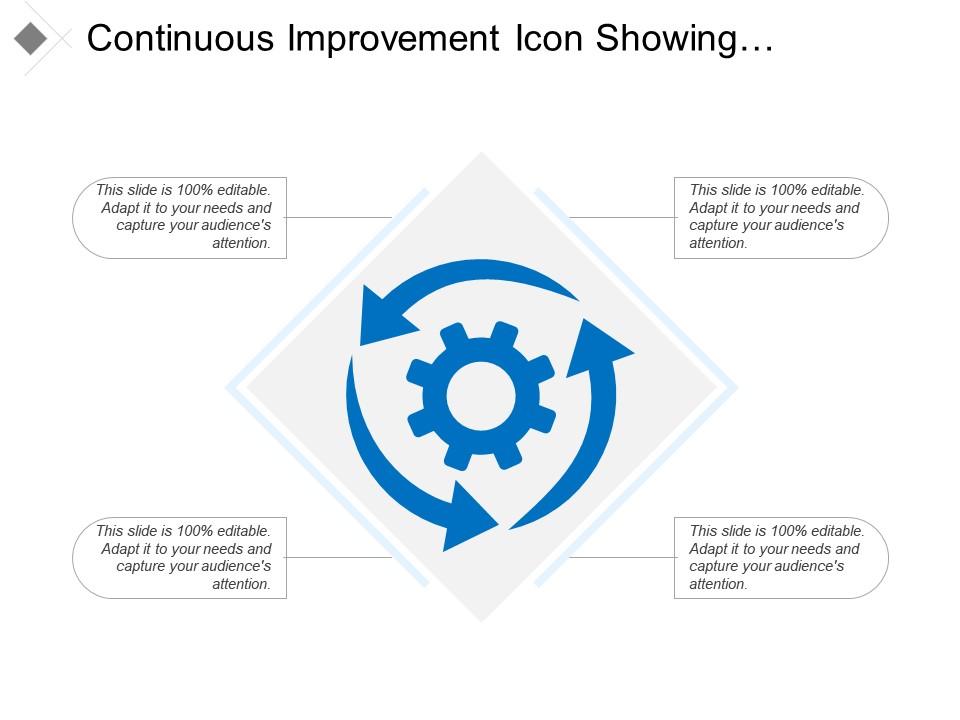 Continuous improvement icon showing circular arrow with gear ppt slide Slide01