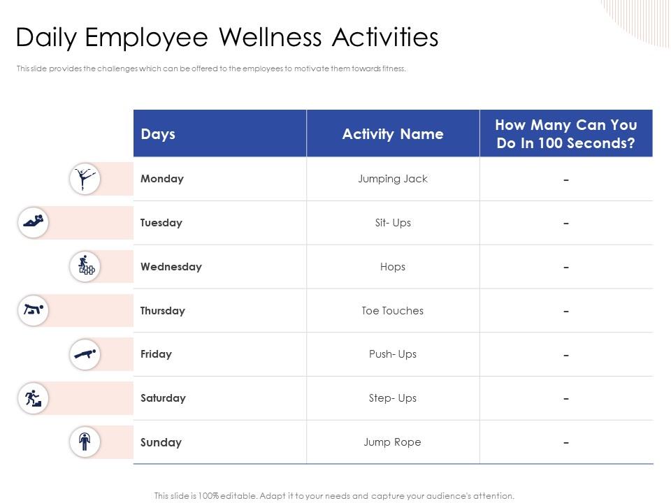 Daily employee wellness activities toe touches powerpoint presentation icons Slide01