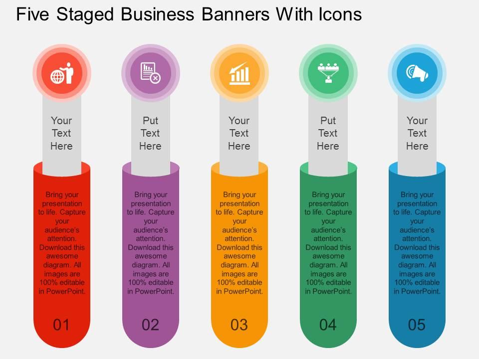 De five staged business banners with icons flat powerpoint design Slide01