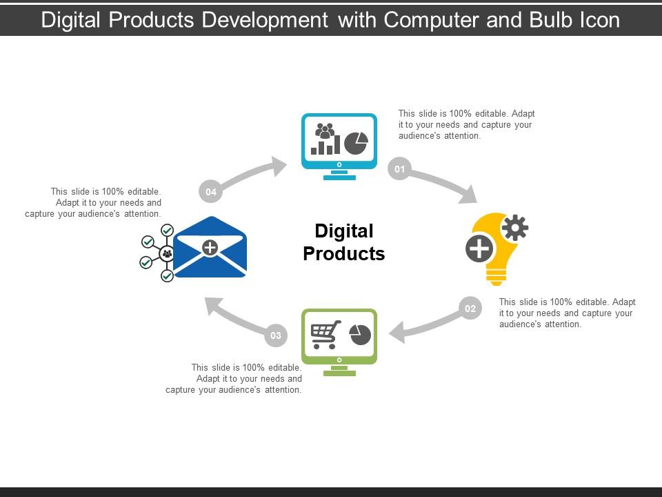 Digital products development with computer and bulb icon Slide01