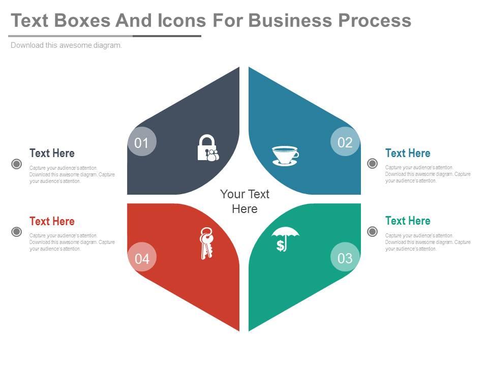 Dl four text boxes and icons for business process flat powerpoint design Slide01