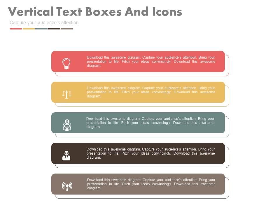 Download five staged vertical text boxes and icons flat powerpoint design Slide01
