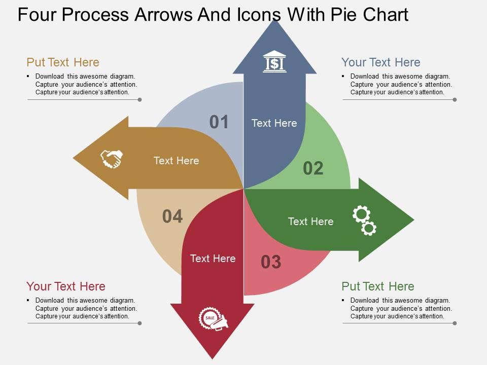 Du four process arrows and icons with pie chart flat powerpoint design Slide01