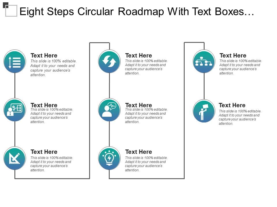 Eight steps circular roadmap with text boxes and icons Slide01