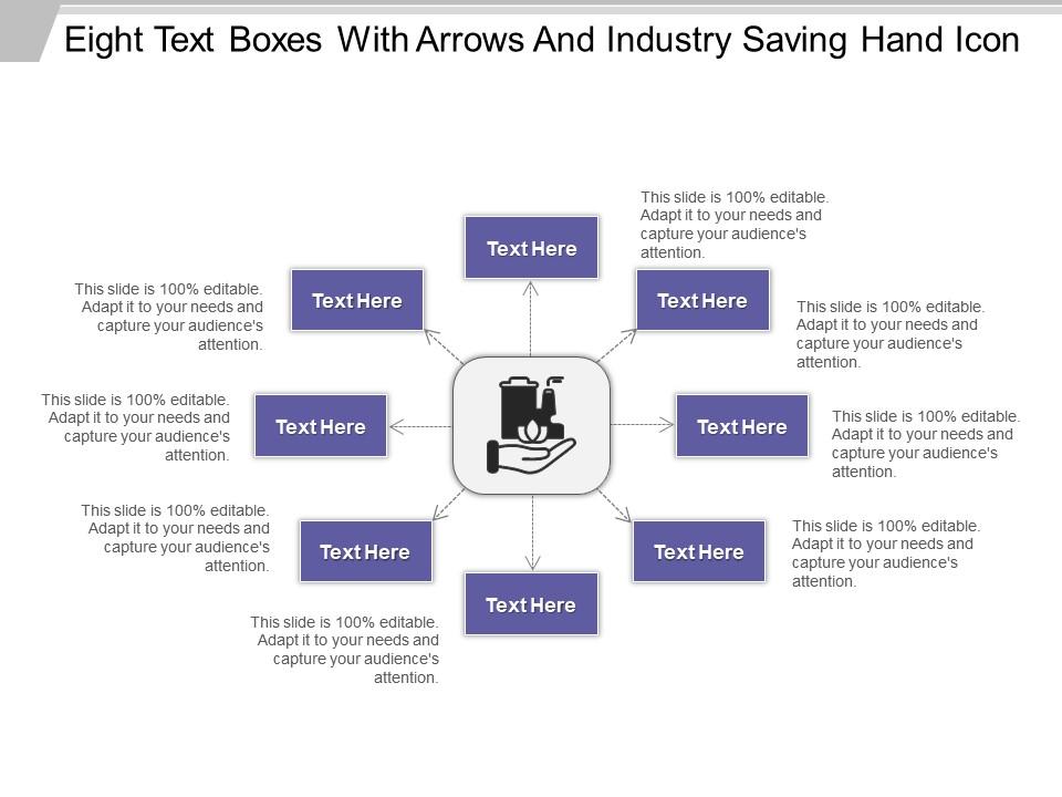Eight text boxes with arrows and industry saving hand icon Slide01