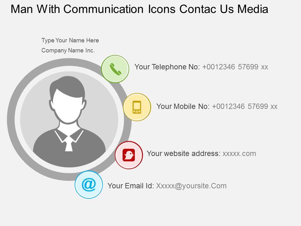 El man with communication icons contae us media flat powerpoint design Slide01