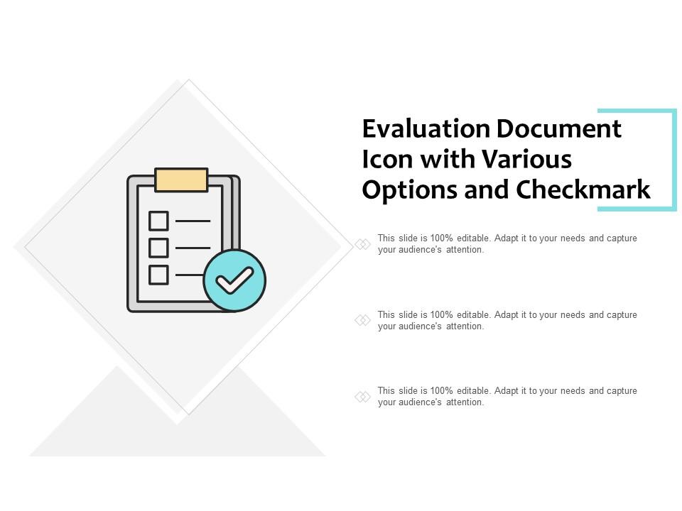 Evaluation document icon with various options and checkmark Slide01