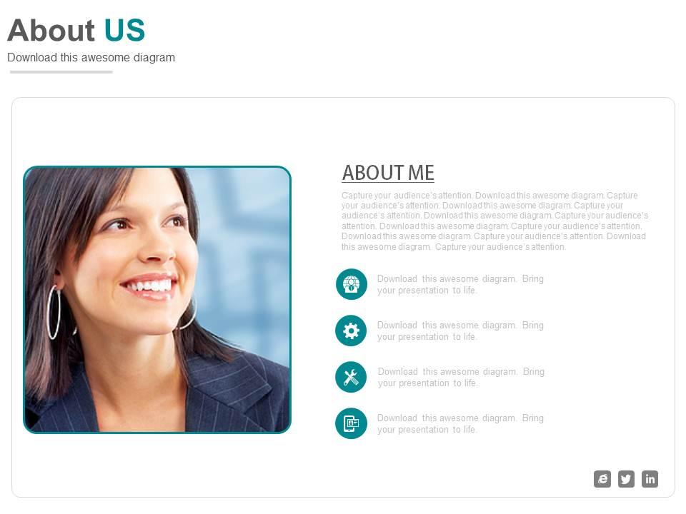 Female profile with icons for about us powerpoint slides Slide01