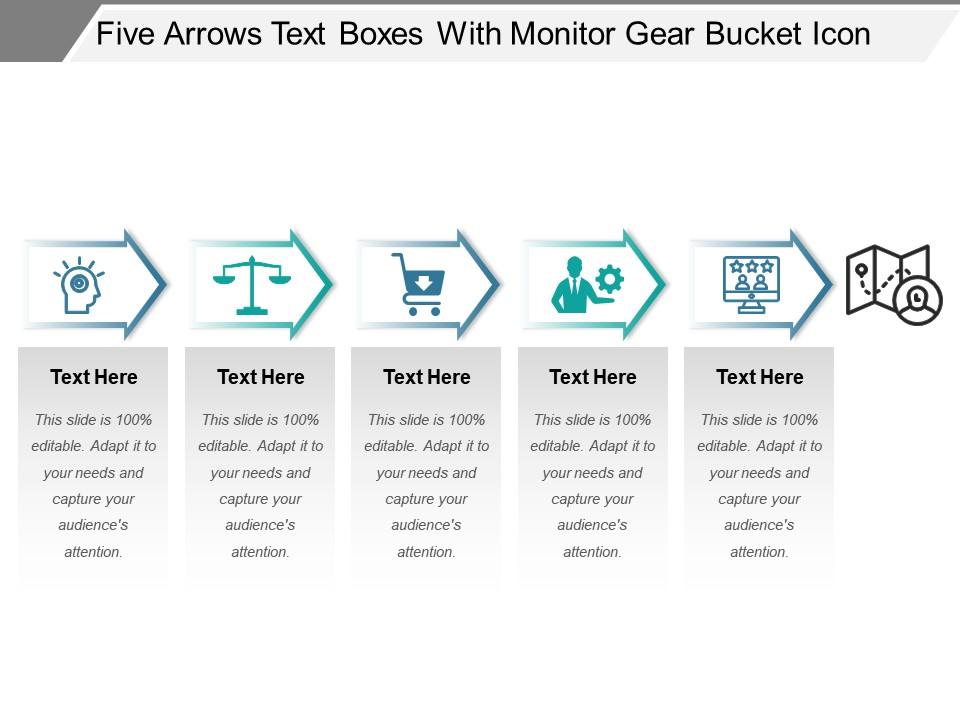 Five arrows text boxes with monitor gear bucket icon Slide01