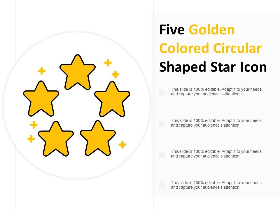 Five golden colored circular shaped star icon Slide01