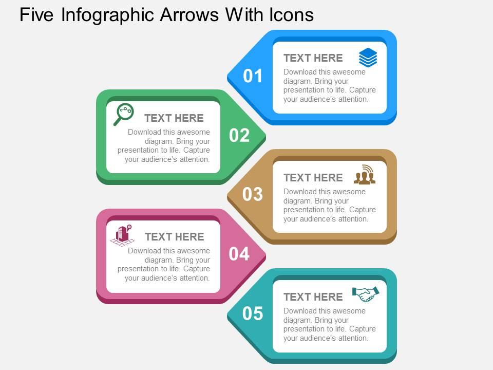 Five infographic arrows with icons flat powerpoint design Slide01
