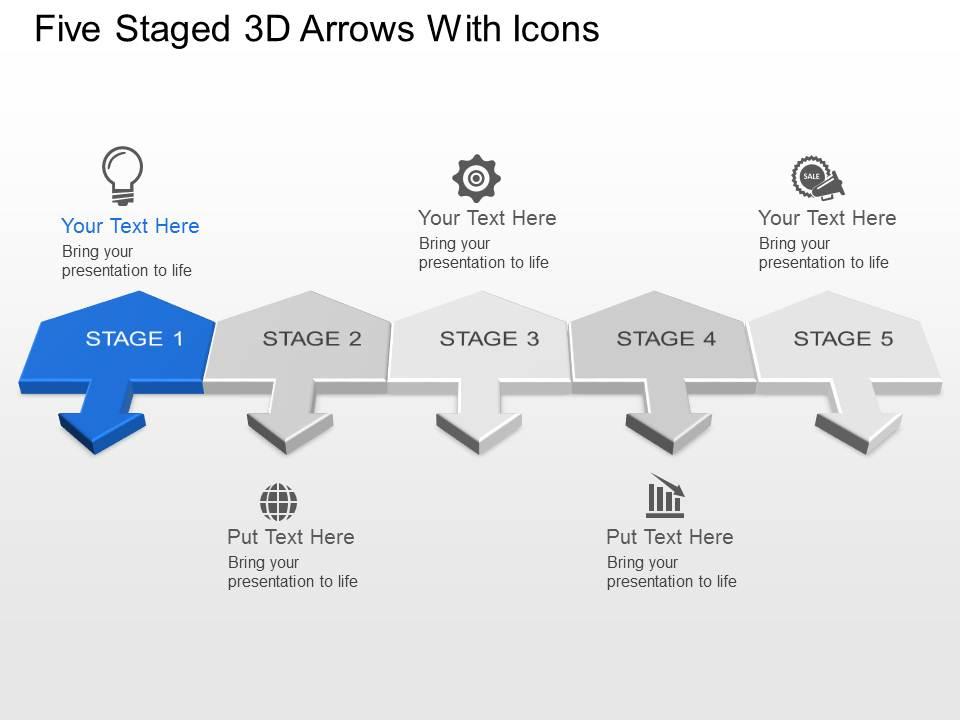 Five staged 3d arrows with icons powerpoint template slide Slide01