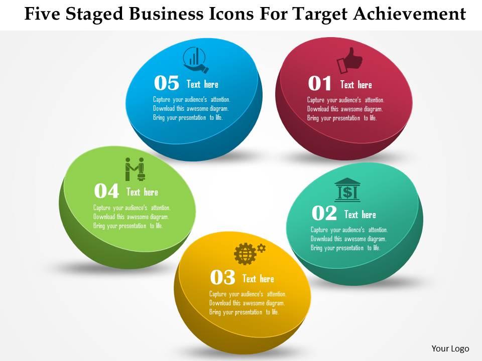 Five staged business icons for target achievement powerpoint template Slide01