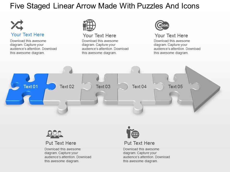 Five staged linear arrow made with puzzles and icons powerpoint template slide Slide01