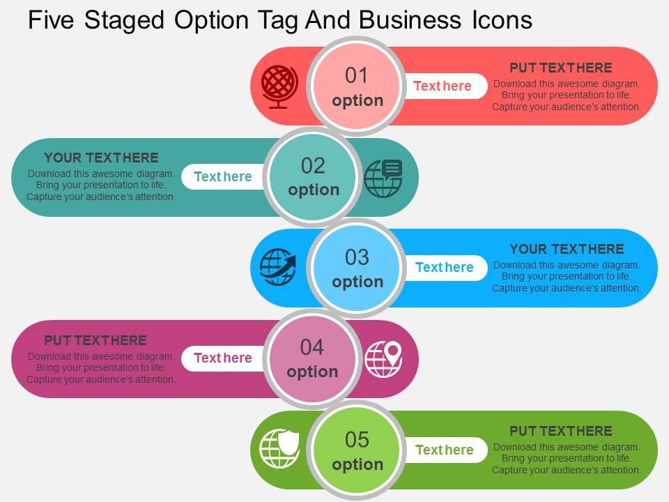 Five staged option tag and business icons flat powerpoint design Slide01