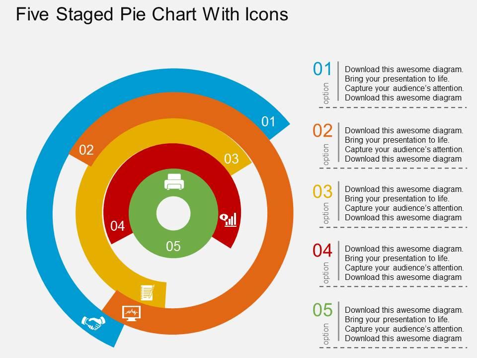 Five staged pie chart with icons flat powerpoint design Slide01