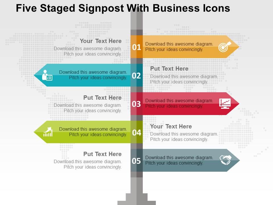 Five staged signpost with business icons flat powerpoint design Slide01